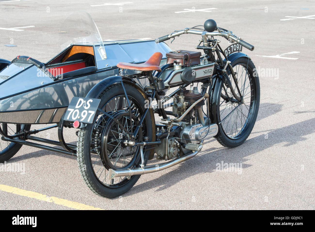 Vintage 1922 Norton 16h motorcycle with sidecar at The VMCC Banbury Run. Banbury, Oxfordshire, England. Stock Photo