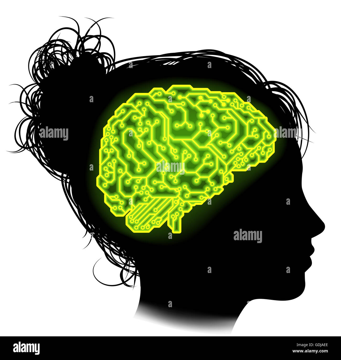 Silhouette of a woman with a brain made up of electrical circuits or a circuit board Stock Photo