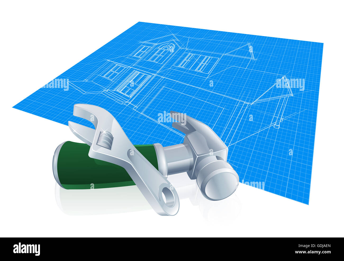 A house blueprint with hammer and spanner tools Stock Photo