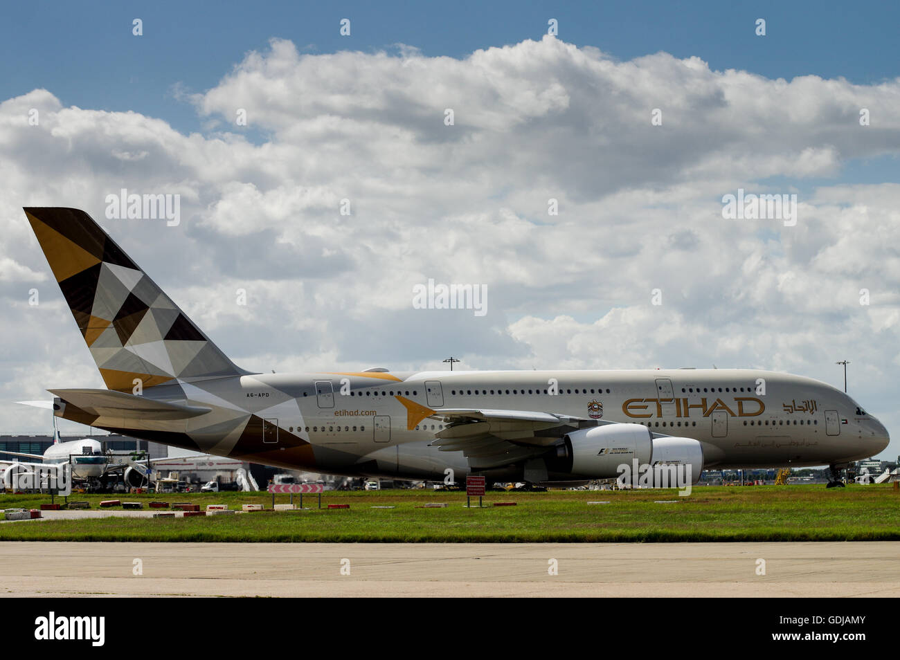 Etihad Airbus 380 taxiing at London Heathrow Airport Stock Photo