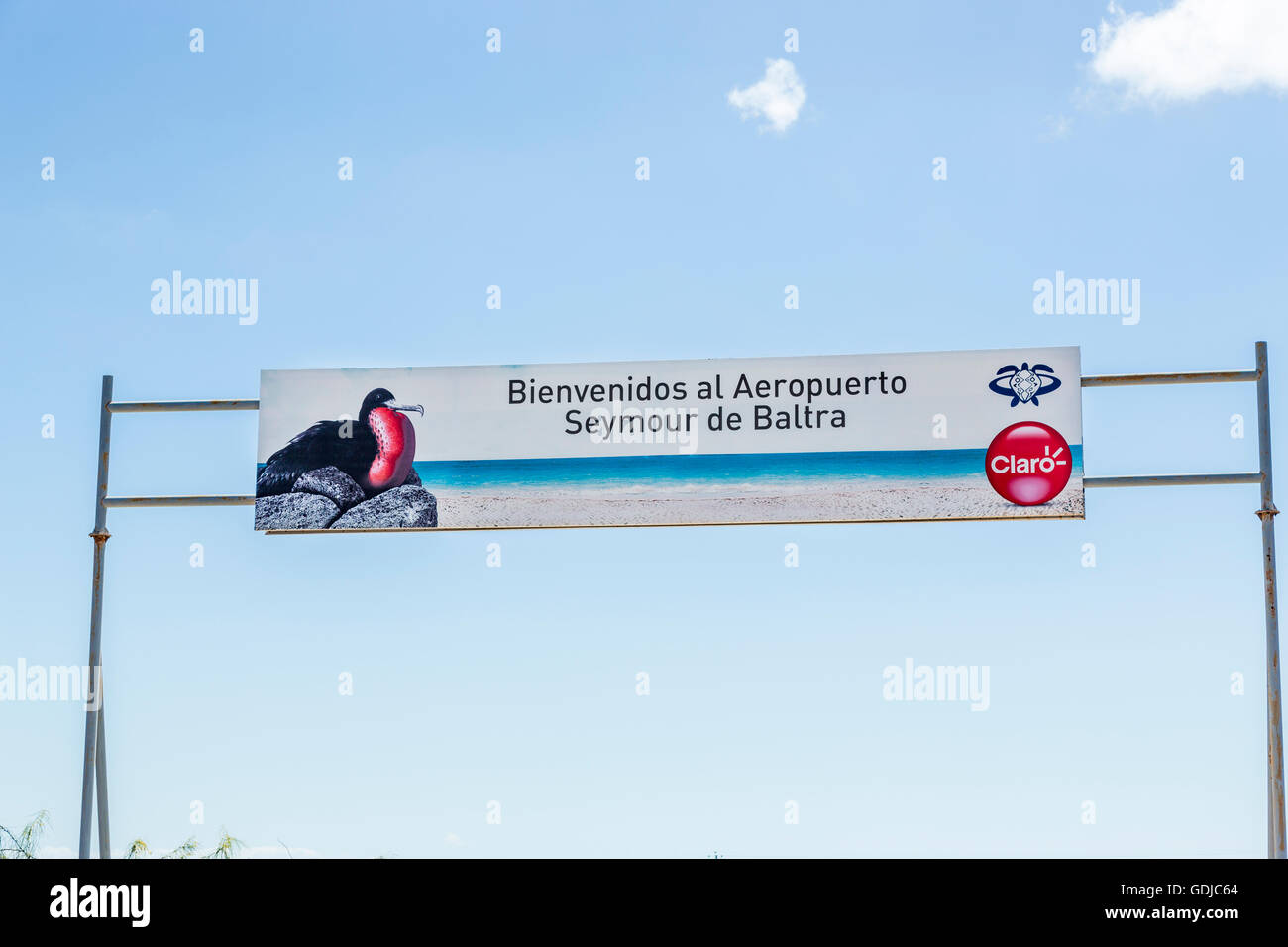 Welcome sign at Seymour Airport, island of Baltra, Galapagos Islands, Ecuador, South America Stock Photo
