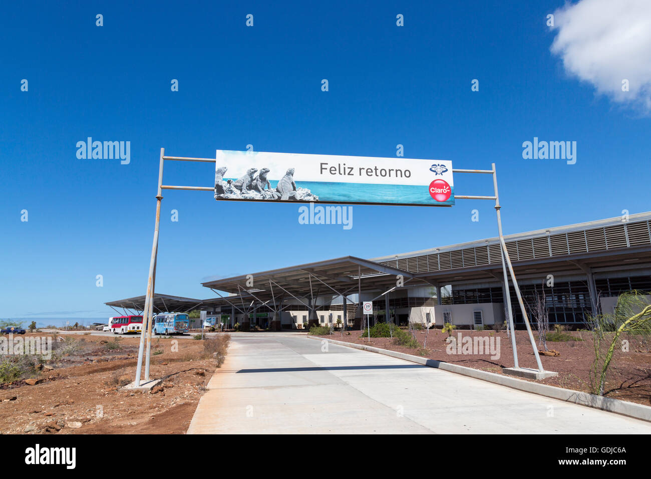 Departure sign at Seymour Airport, island of Baltra, Galapagos Islands, Ecuador, South America on a sunny day with blue sky Stock Photo