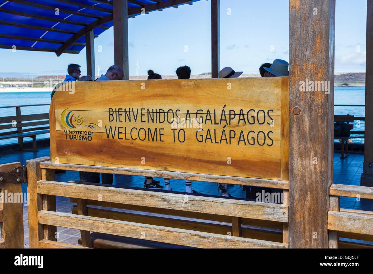 Ministry of Tourism welcome sign at Baltra Island arrivals ferry port, Galapagos Islands, Ecuador, South America Stock Photo