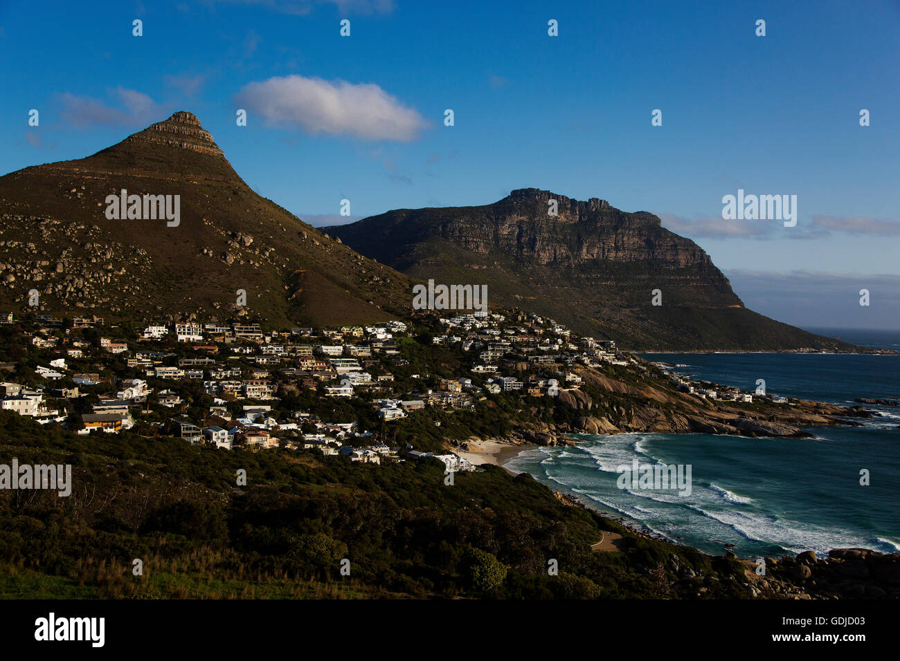 Llandudno Beach, one of  the beautifull beaches from the South African coast circuit, Table Mountain can be seen in the background. Stock Photo