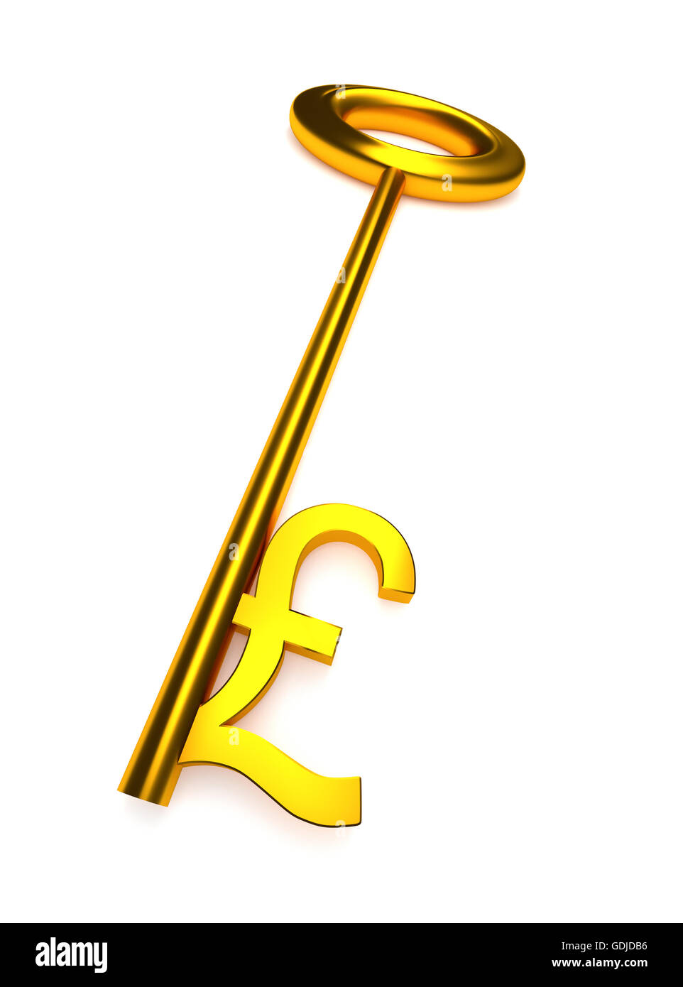 Golden key with a pound icon on a white background, financial concept
