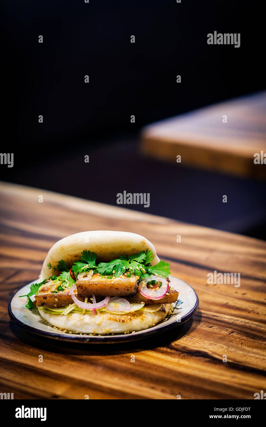 asian pork belly bun pao traditional chinese snack sandwich food Stock Photo