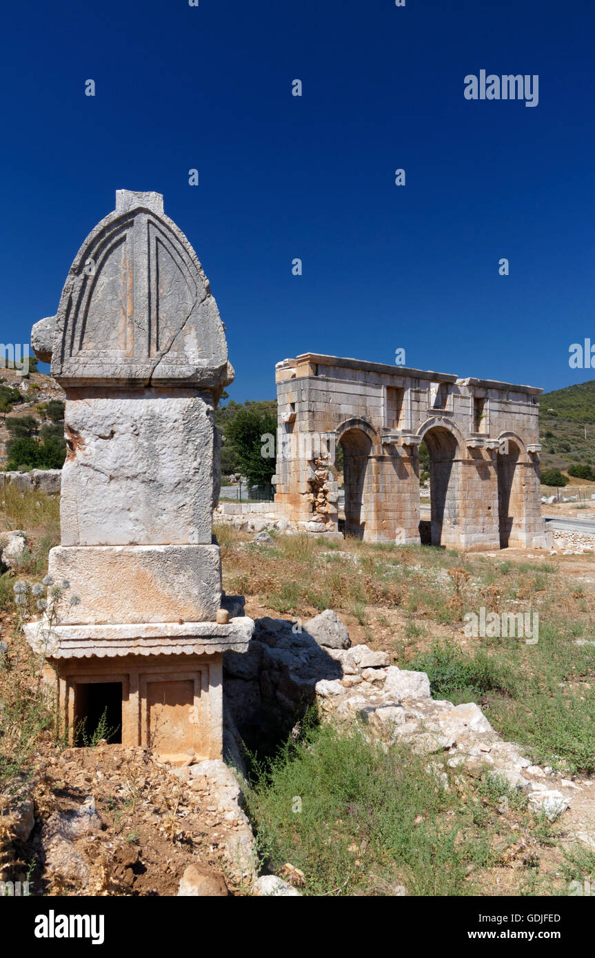 Lycian Tombs, Remains of the Ancient Lycian City of Patara near Kalkan, Lycian Coast, near Kas, Turkey, Asia. Stock Photo