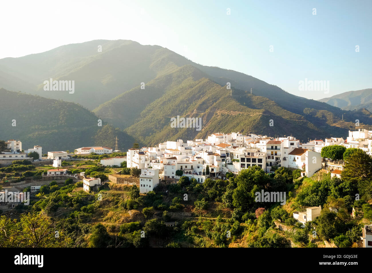 The white washed village of Istan, hidden in mountain range of Sierra de las Nieves, Andalusia, Spain Stock Photo