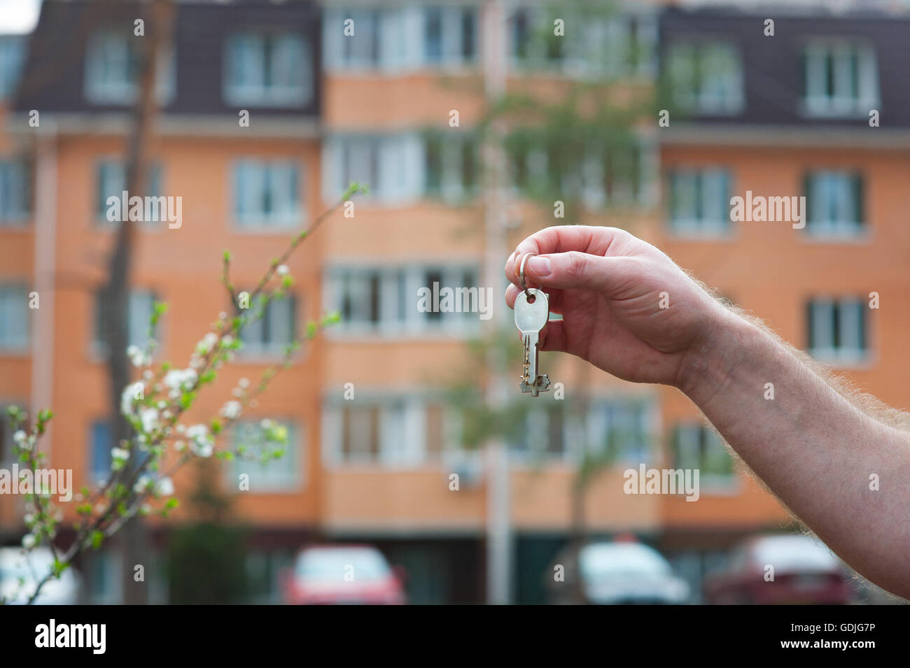 man's hand holding the keys to the apartment on the background of a