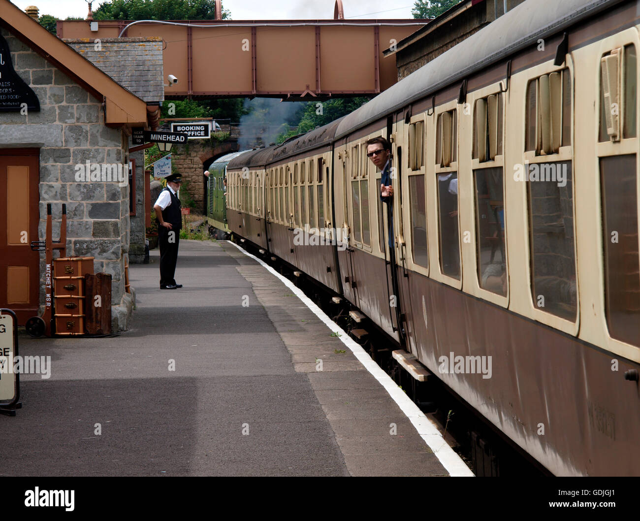 Train leaving Watchet Station, Watchet, Somerset, UK Stock Photo