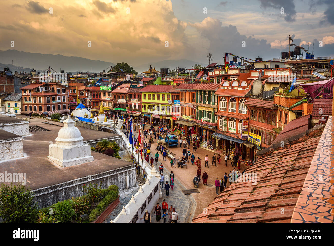 Tourists and nepalese people around Boudhanath  Stupa, one of the largest ancient stupa in the world. Stock Photo
