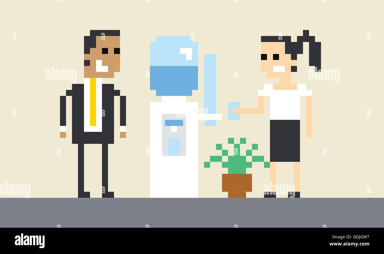 Pixel Art Image Of Businesspeople By Water Cooler In Office Stock Vector