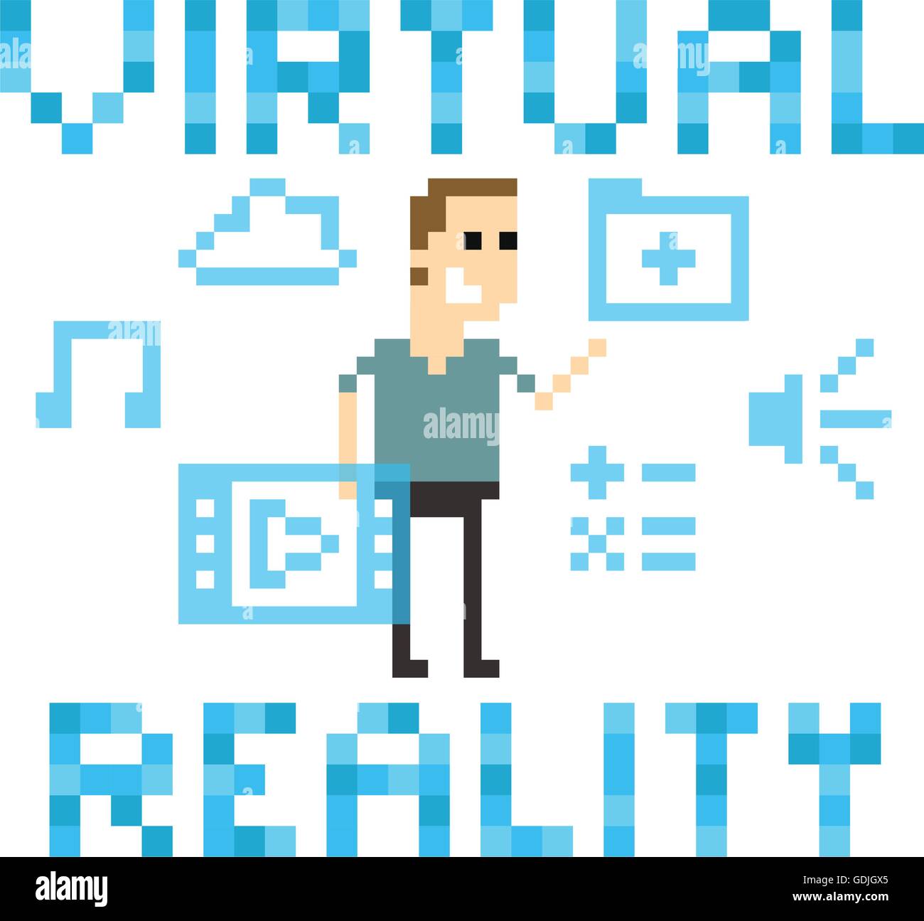 Pixel Art Image Of Man Amongst Virtual Reality Graphics Stock Vector
