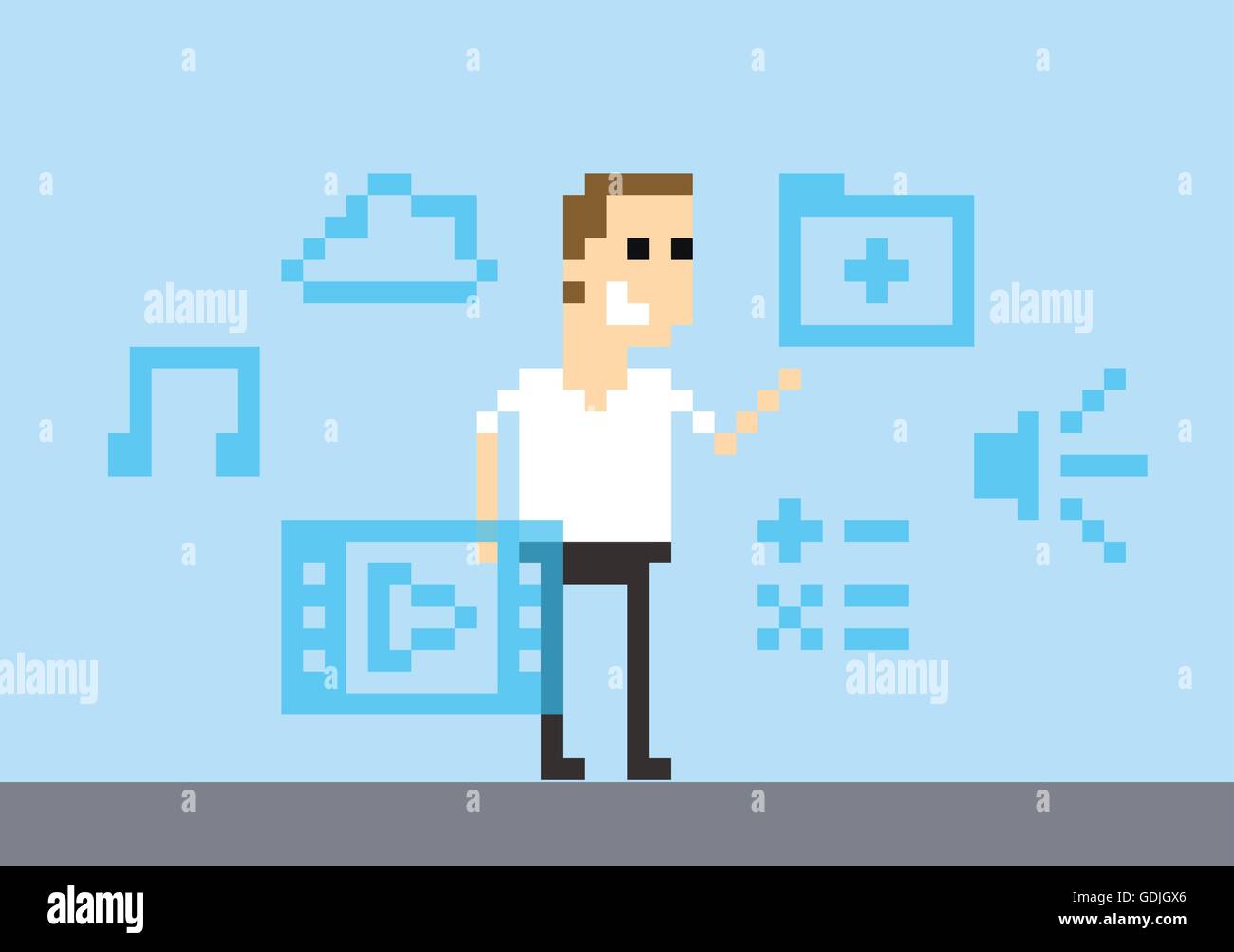 Pixel Art Image Of Man Amongst Virtual Reality Graphics Stock Vector