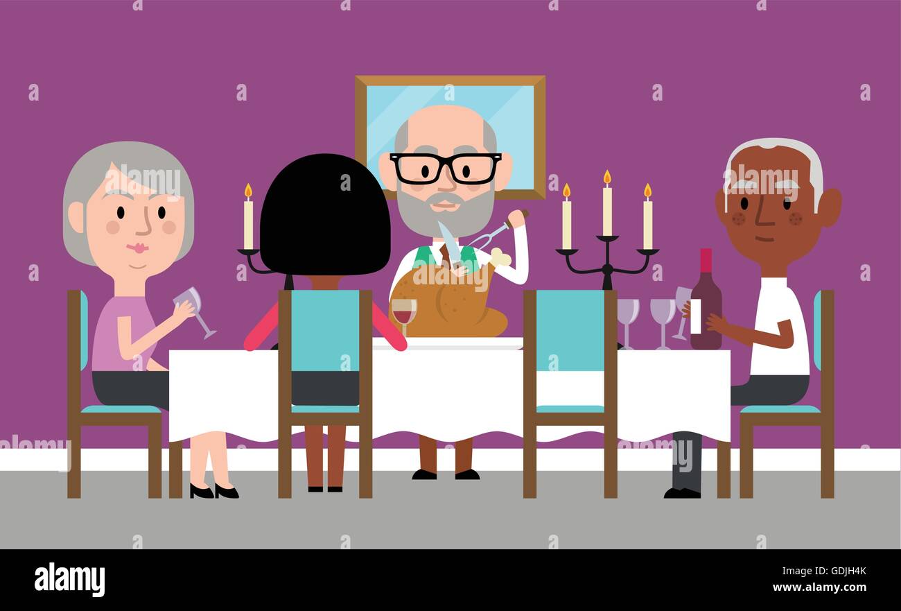 Illustration Of Senior Friends Having Dinner Party At Home Stock Vector