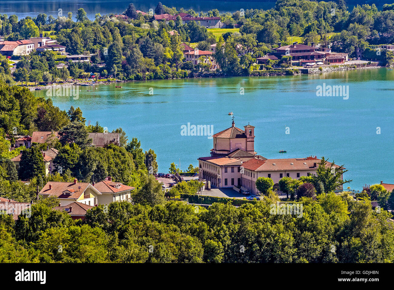 Italy Piedmont Val di Susa Avigliana view from the castle - View of Great Lake of Avigliana - Madonna dei laghi Sanctuary Stock Photo