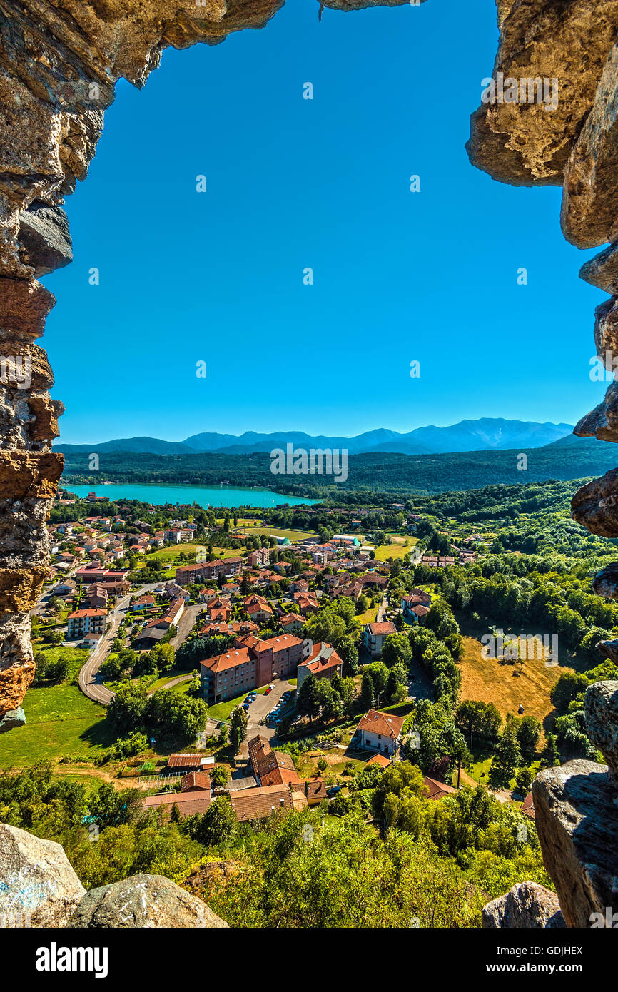 Italy Piedmont Val di Susa Avigliana view from the castle - View of Great Lake of Avigliana Stock Photo