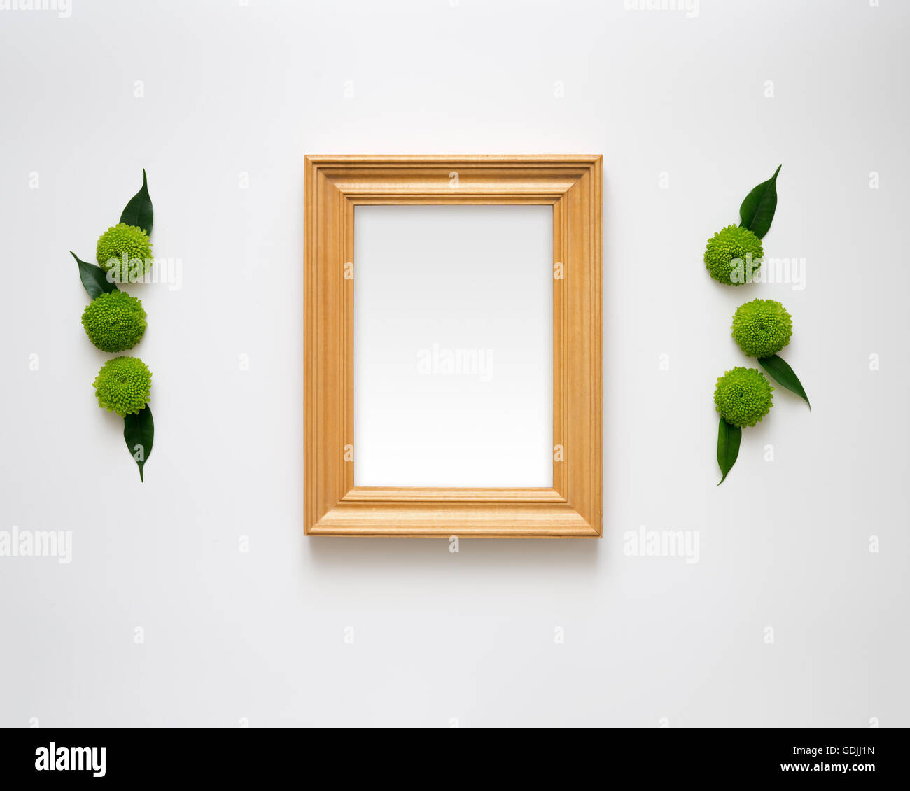 Wooden frame with empty space with decoration of chrysanthemum flowers and ficus leaves on white background. Overhead view. Flat Stock Photo