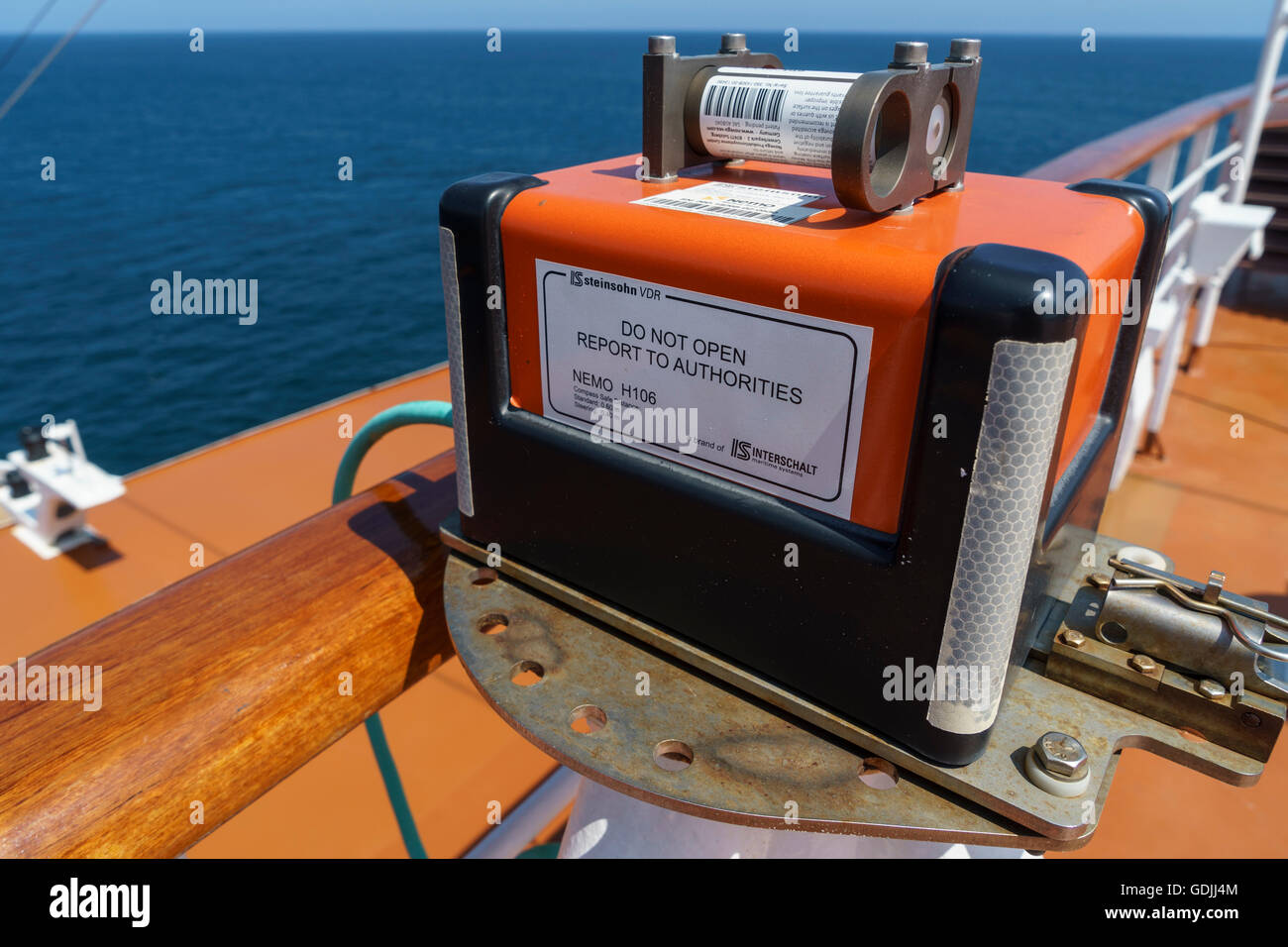 Ship's Voyage Data Recorder (VDR) Interschalt Nemo H106 Close up mounted in the fore part of a cruise ship Stock Photo
