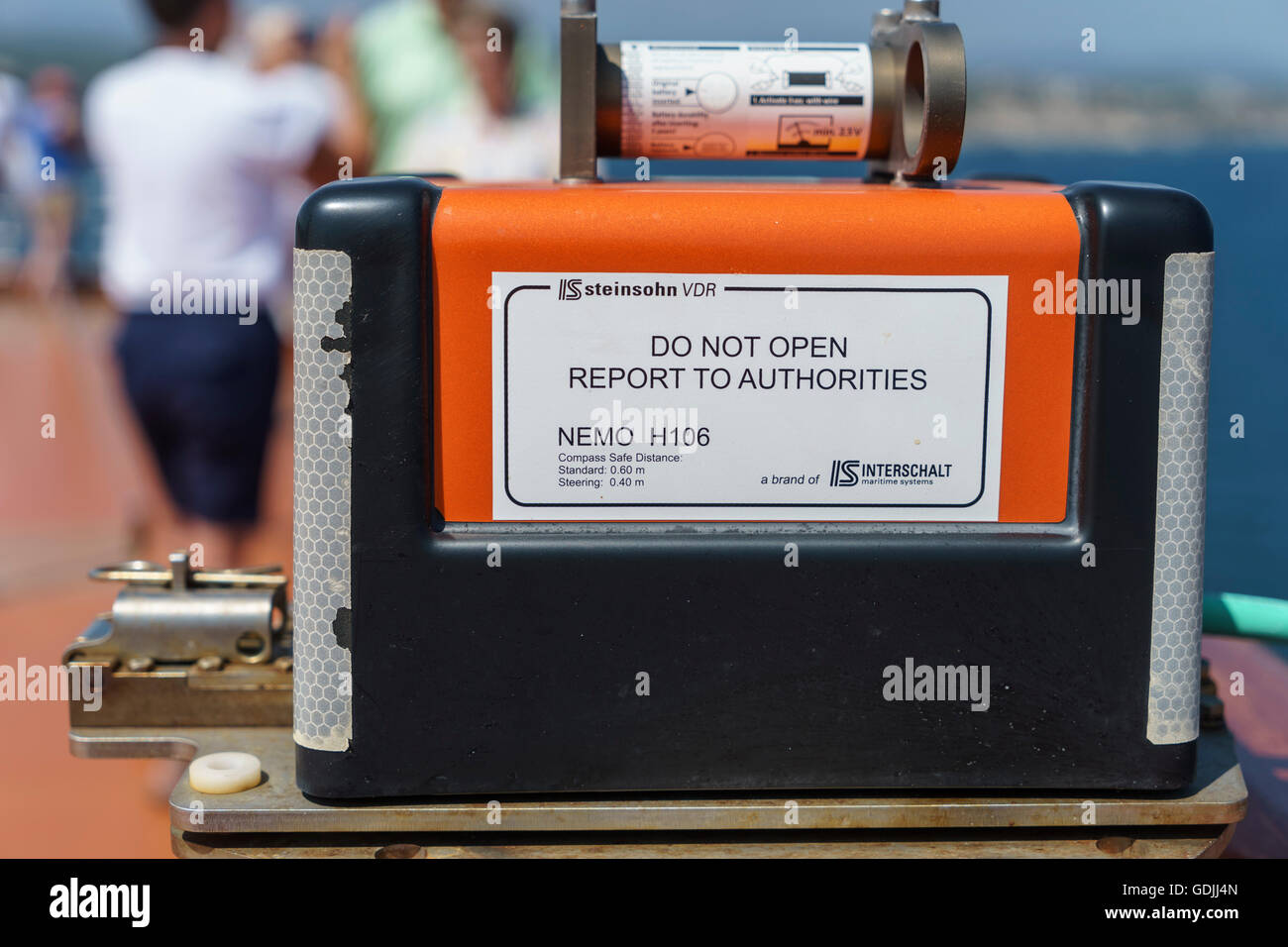 Ship's Voyage Data Recorder (VDR) Interschalt Nemo H106 Close up mounted in the fore part of a cruise ship Stock Photo
