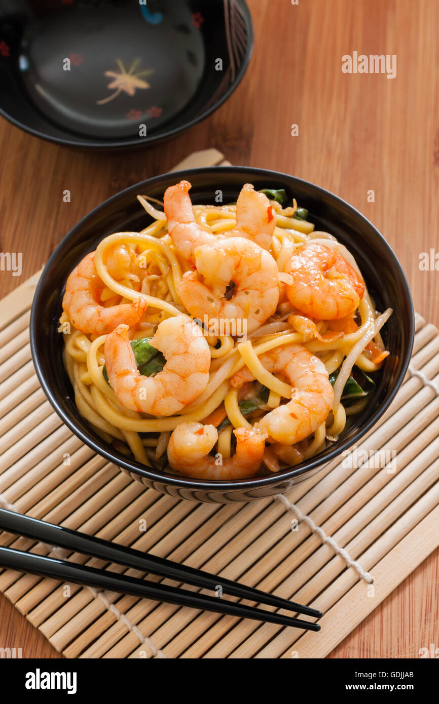 King prawn Chow Mein or Lo Mein stir fried prawns with egg noodles vegetables and bean sprouts