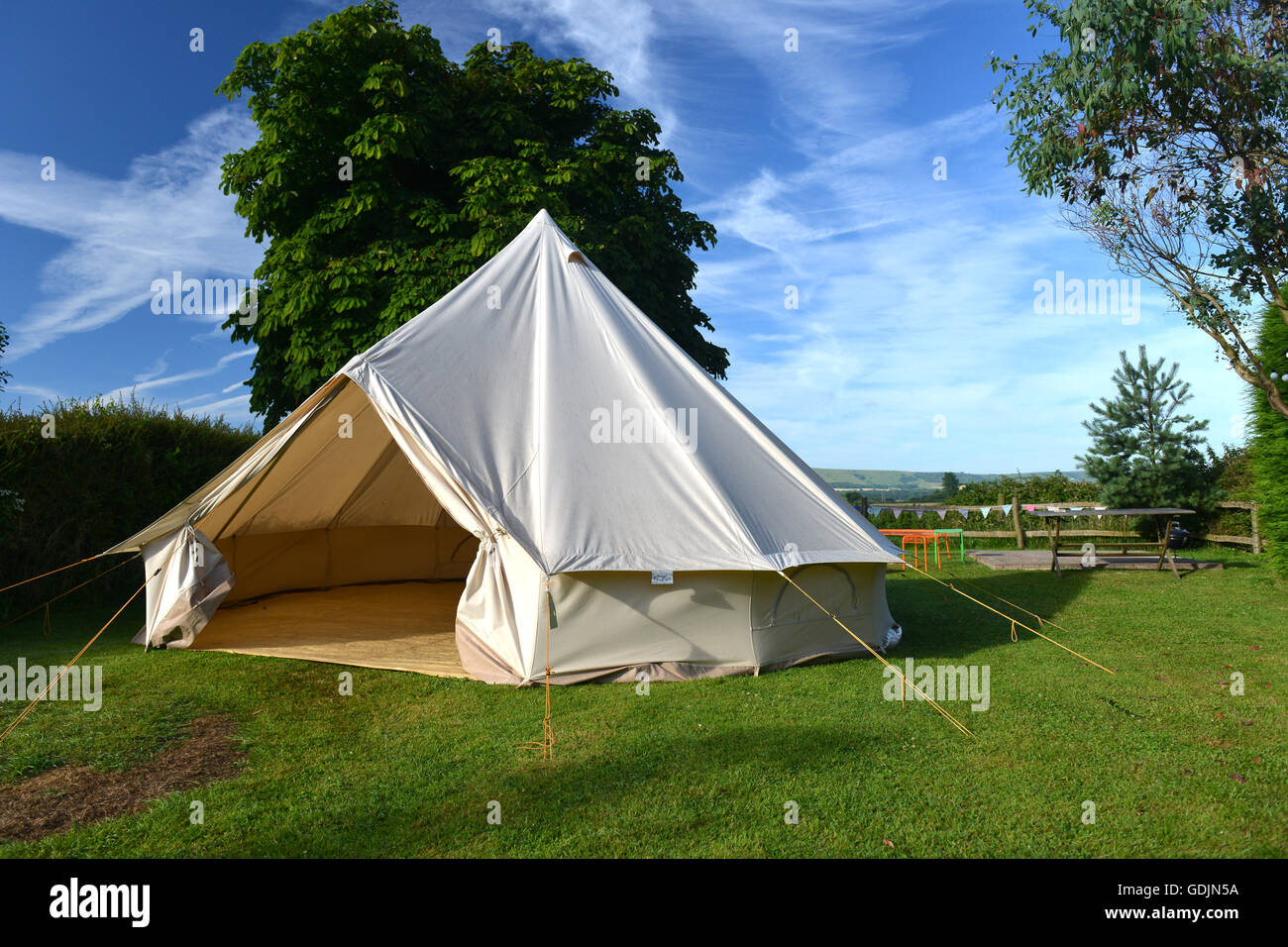 Canvas bell tent in English countryside (East Sussex) Stock Photo