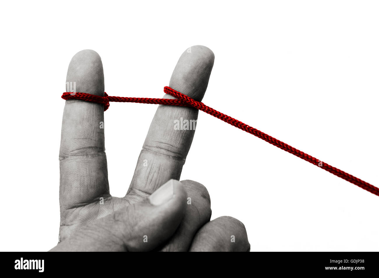 Two fingers being tied together by a rope to represent the unity. Stock Photo