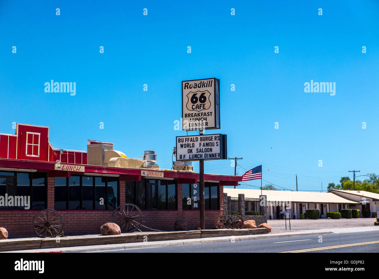 Seligman Arizona a popular stop for tour buses with quaint shops, Restaurants, and Motels with a Route 66 theme Stock Photo