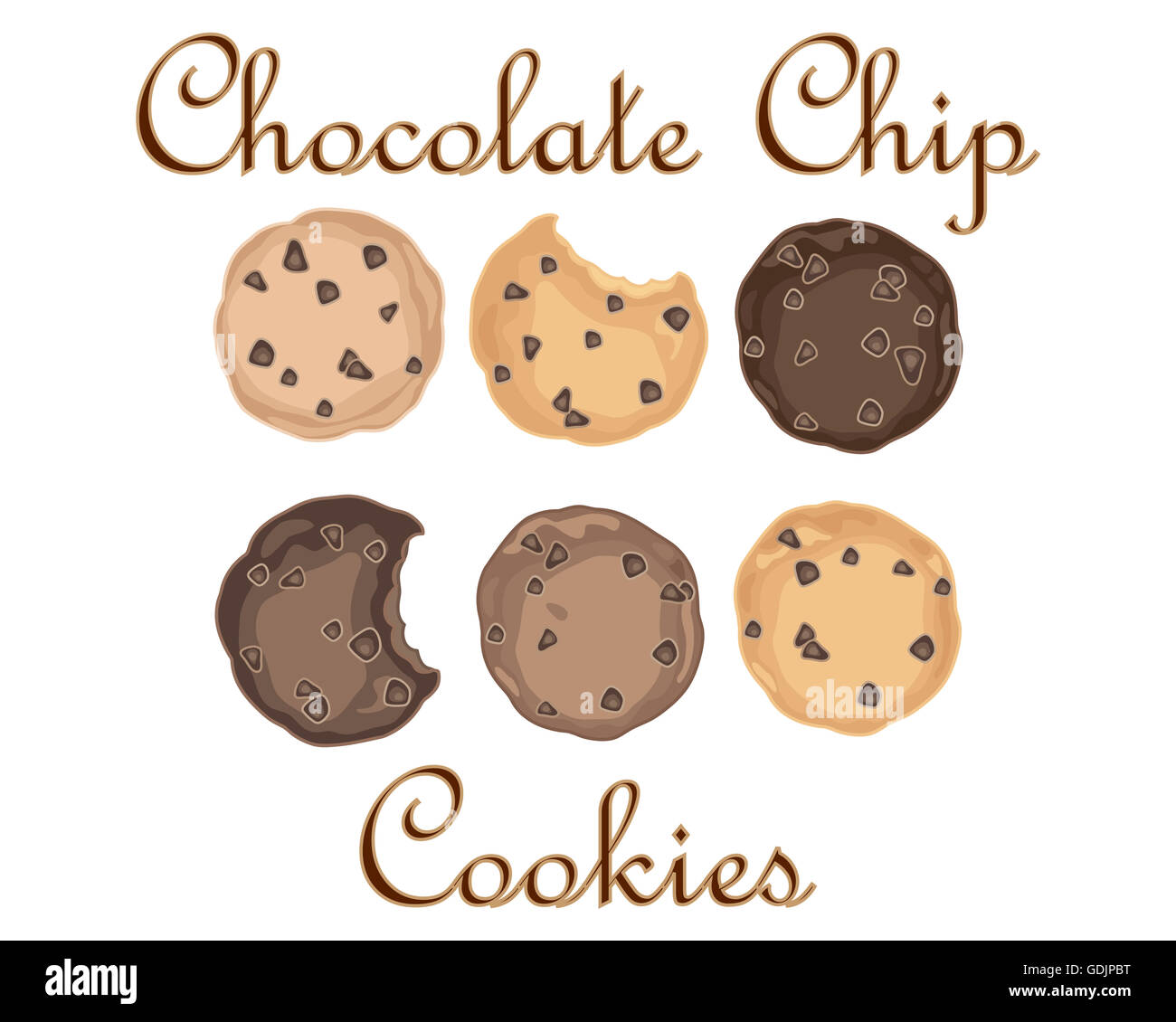 an illustration of sweet chocolate chip cookies in an advert format on a white background Stock Photo