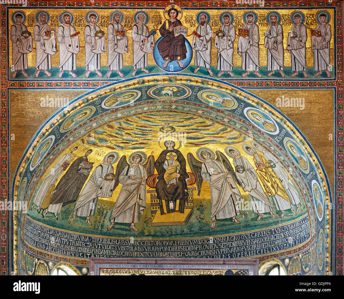 Christ and the twelve Apostles and mosaic with Mother Mary and Child. Second from left: St. Emphasis with model of church, Porec Stock Photo