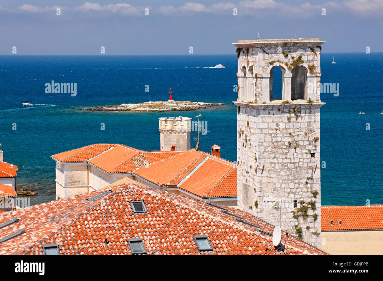 View from the bell tower to belfry in Porec, Croatia Stock Photo