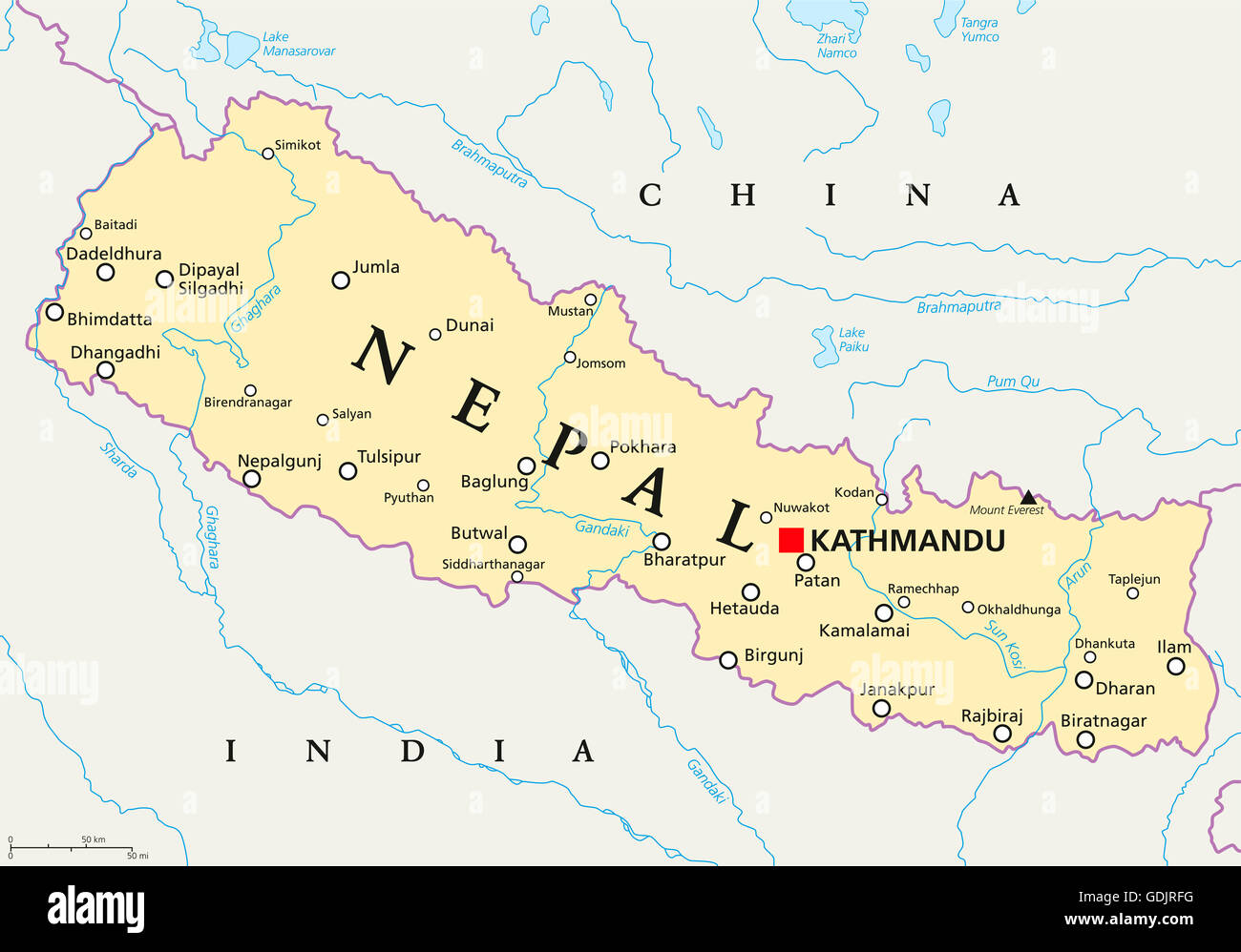 Nepal political map with capital Kathmandu, national borders, cities and rivers. Federal democratic republic. Stock Photo