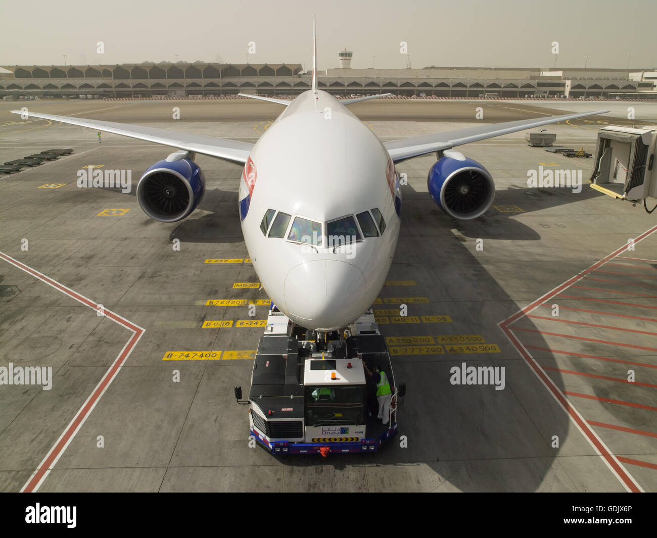 DNATA Aircraft Pushback. Dubai, UAE Stock Photo