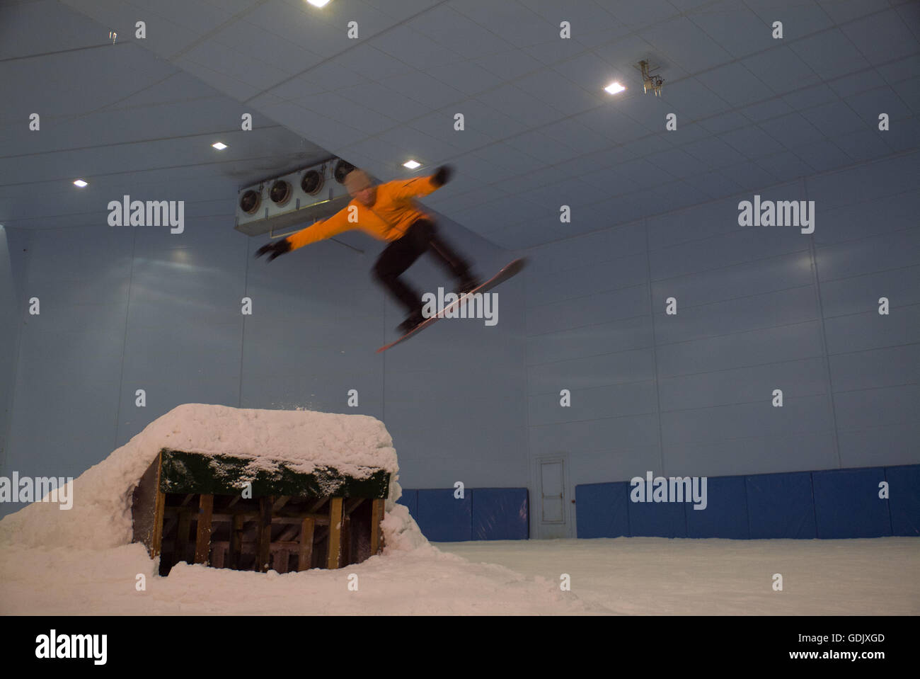 Snowboard Jumping at Ski Dubai Mall of the Emirates. Dubai, UAE Stock
