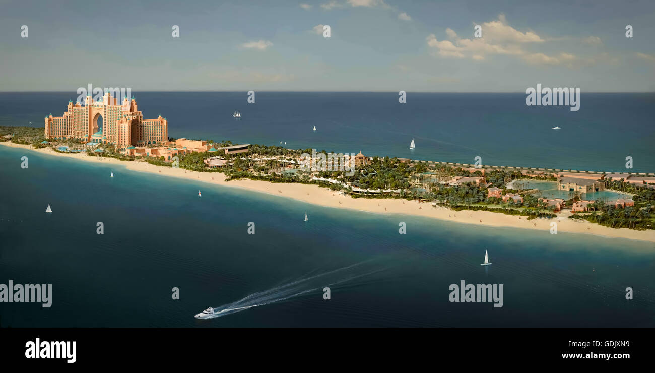 Aerial shot of Atlantis Hotel at the Palm Jumeirah. Dubai, UAE. Stock Photo