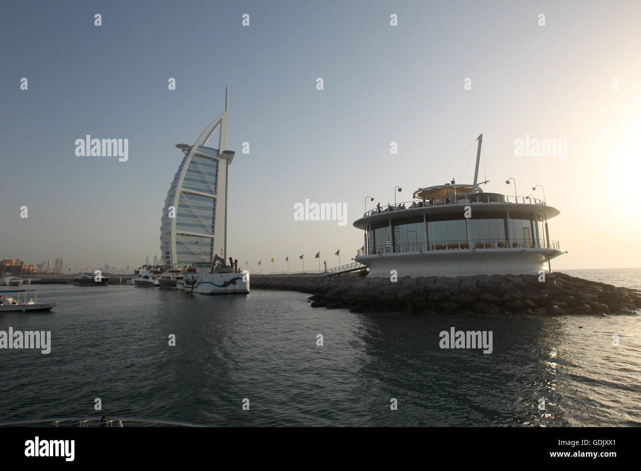 View of Burj al arab hotel and 360 restaurant and bar, Dubai, United arab emirates. Stock Photo