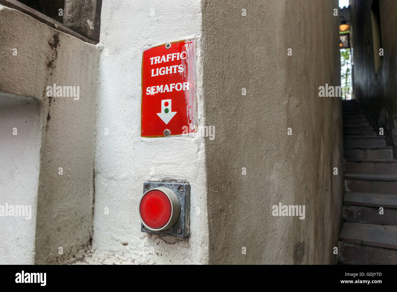 Prague narrowest street is Equipped With Traffic Lights, Kampa Certovka, Lesser Town, Prague alleyway Czech Republic Stock Photo