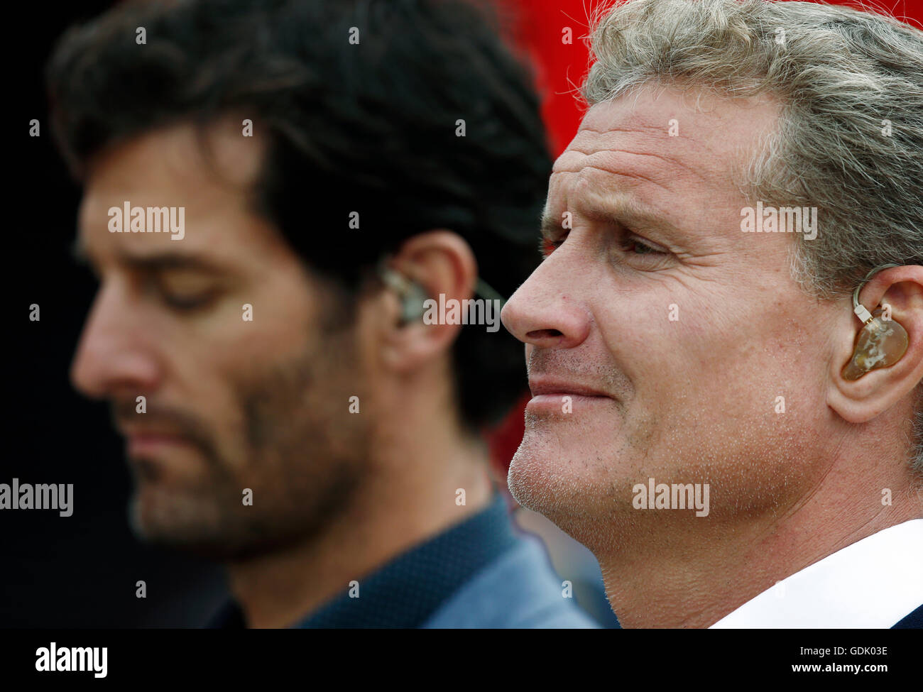 David Coulthard (R) and Mark Webber (L) present Channel 4's Formula One coverage from Silverstone during the British Grand Prix Stock Photo