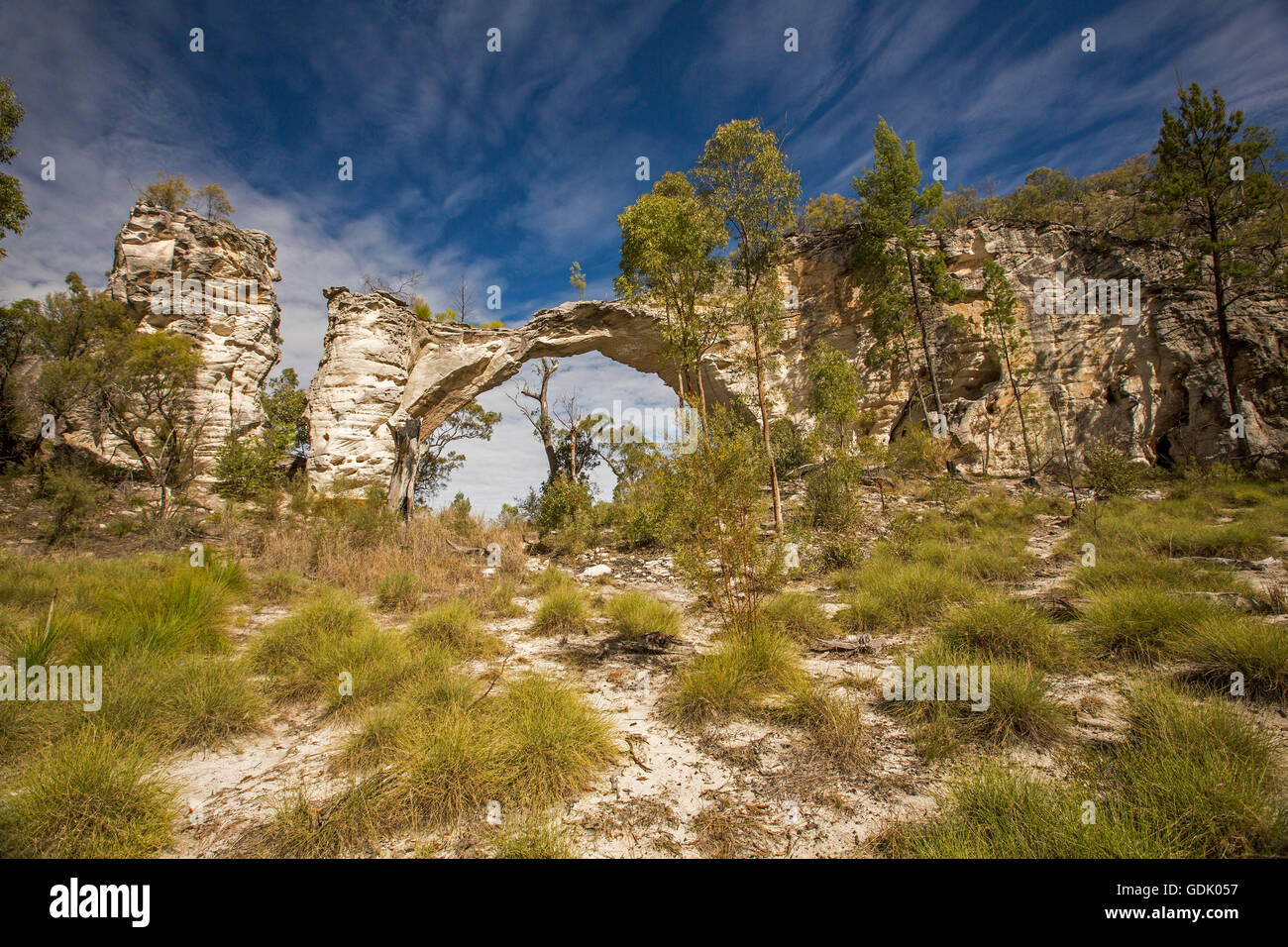 Natural sandstone arch at Mount Moffatt / Carnarvon National Park in Australian outback landscape of tufts of grass & trees under blue sky Stock Photo