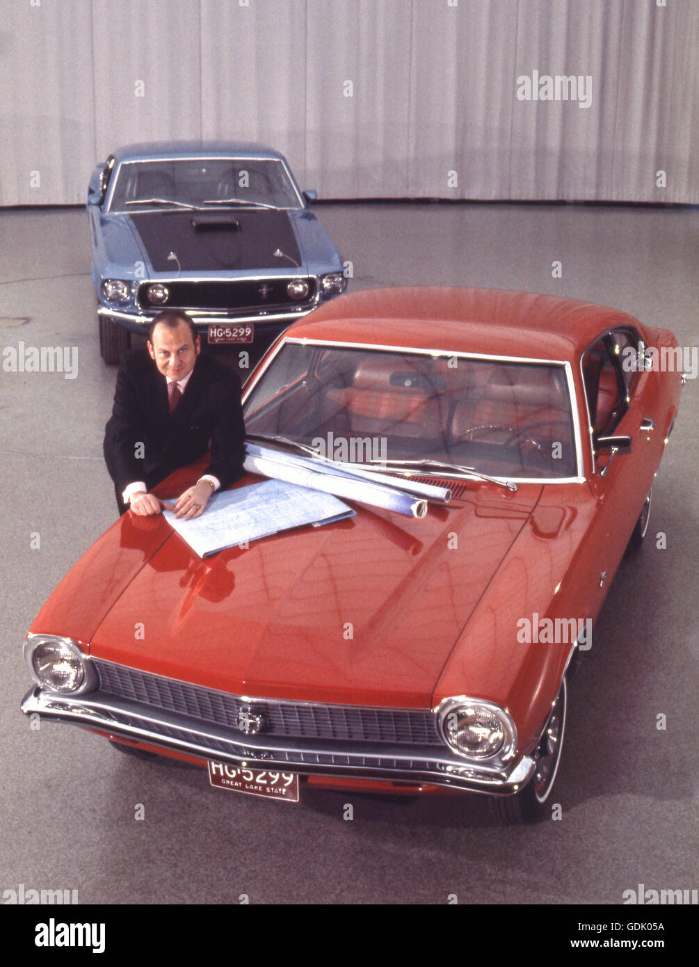 Lee Iacocca with the 1969 Ford Maverick and blueprints Stock Photo