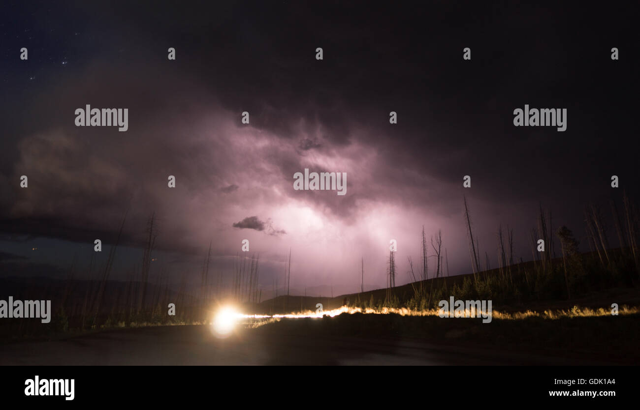 Over Tower Creek Thunderstorm Lightning Strikes Yellowstone National Park Stock Photo