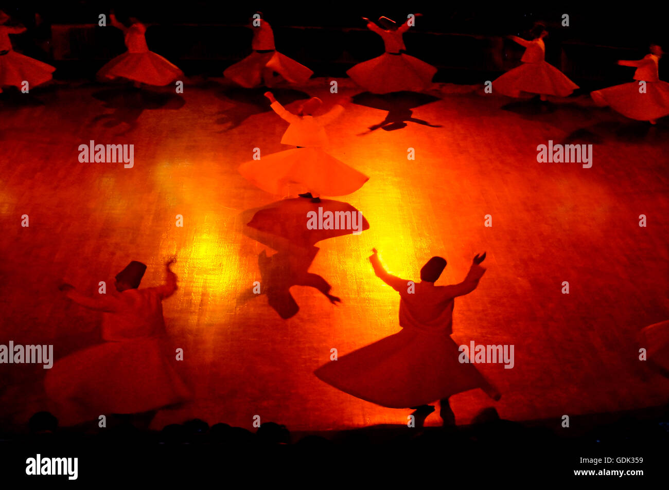 Sufi whirling, Konya, Anatolia, Turkey. Sufi whirling (or Sufi spinning) is a form of Sama or physically active meditation which originated among Sufis, and which is still practiced by the Sufi Dervishes of the Mevlevi order. It is a customary dance perfo Stock Photo
