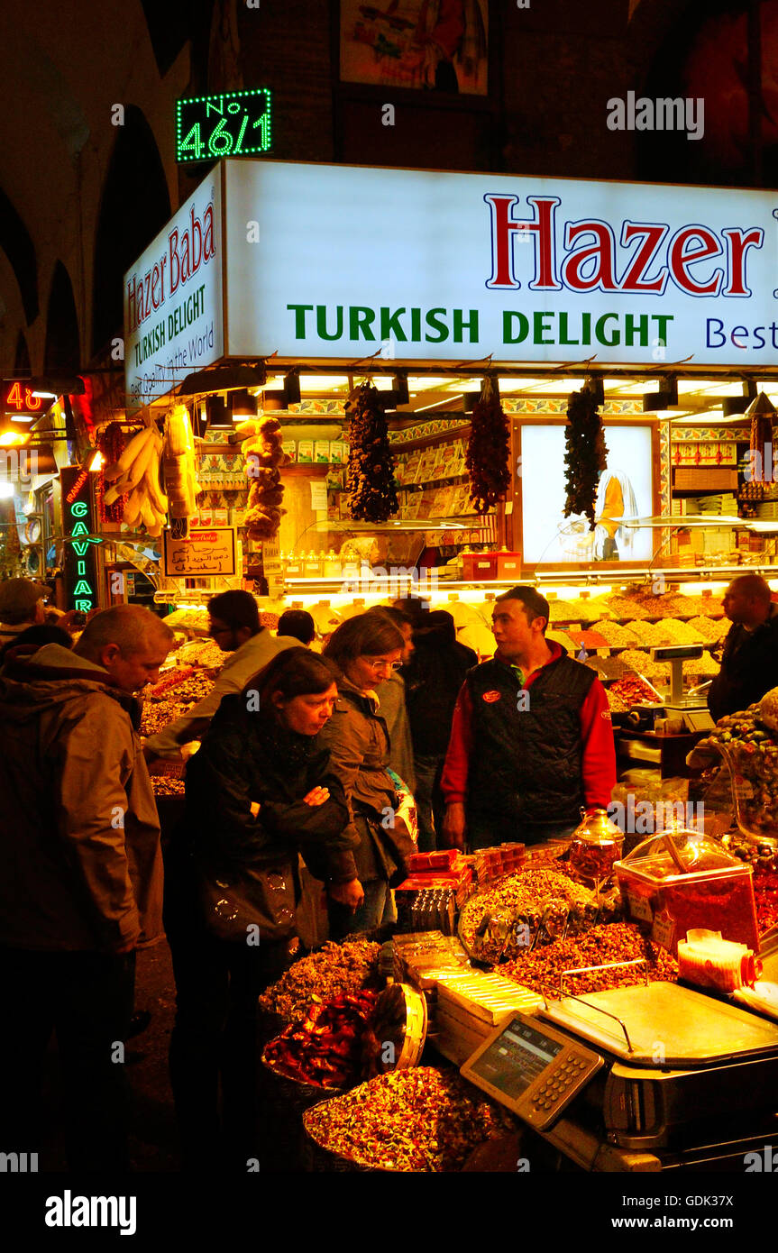 Spice Bazaar, Istanbul, Turkey. (Turkish: 'Misir Çarsisi', or Egyptian Bazaar) in Istanbul, Turkey is one of the largest bazaars in the city. Located in Fatih, in the neighborhood of Eminönü, it is the second largest covered shopping complex after the Gra Stock Photo