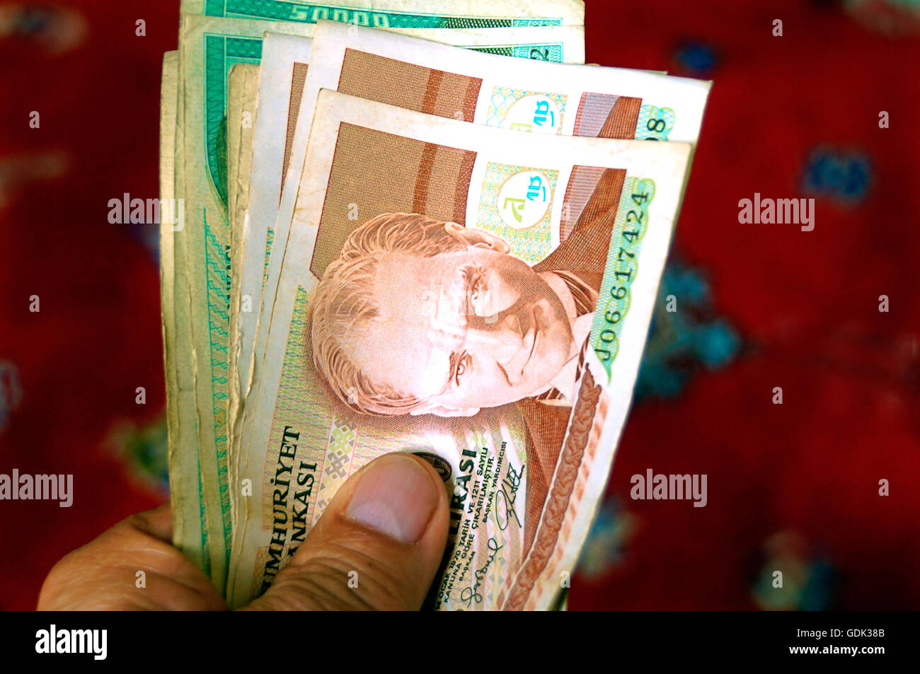 Bank notes of 100.000 and 50.000 turkish lira before devaluation, Turkey. Stock Photo