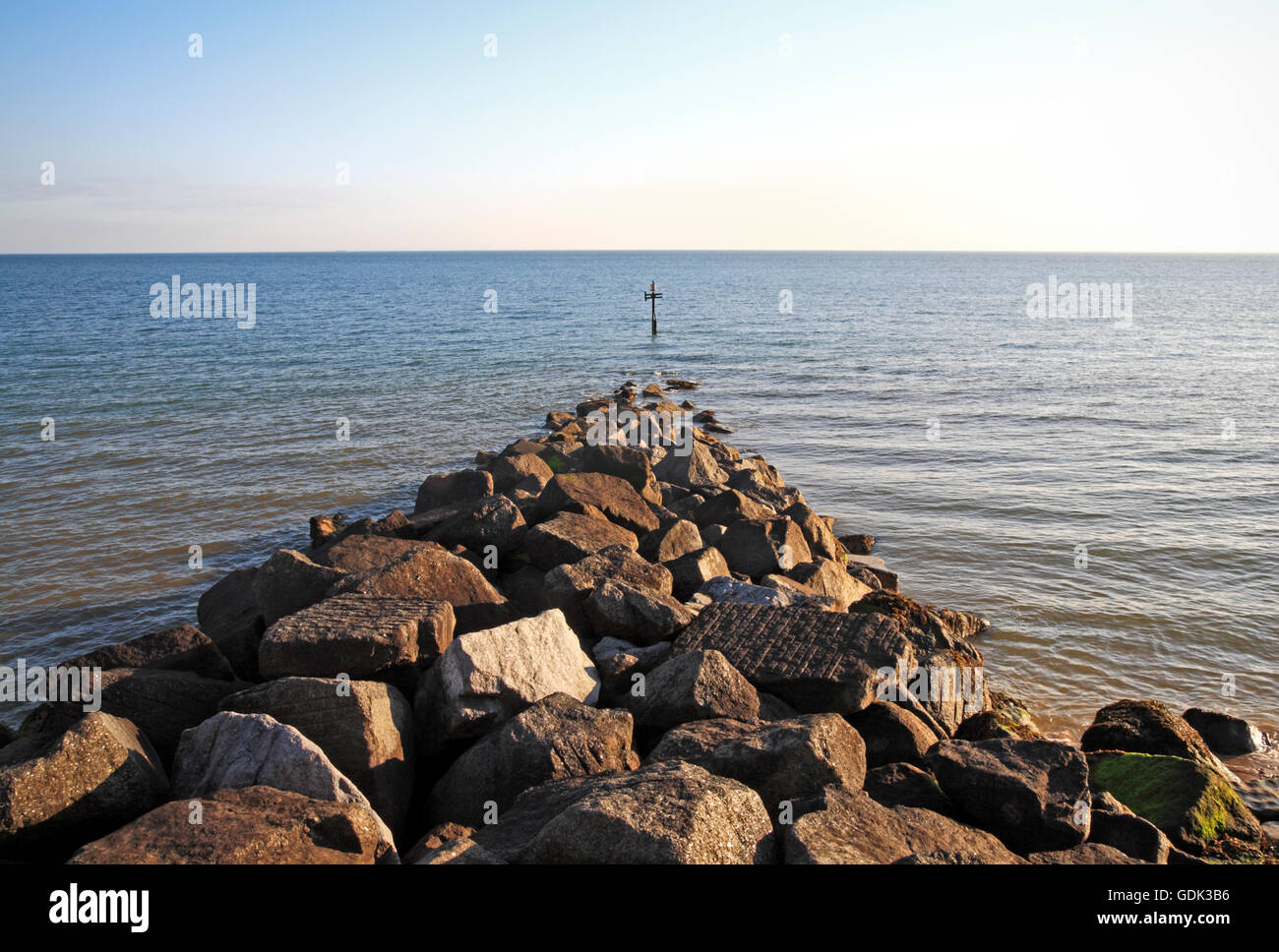 A rock armour breakwater for sea defence at Sheringham, Norfolk, England United Kingdom. Stock Photo