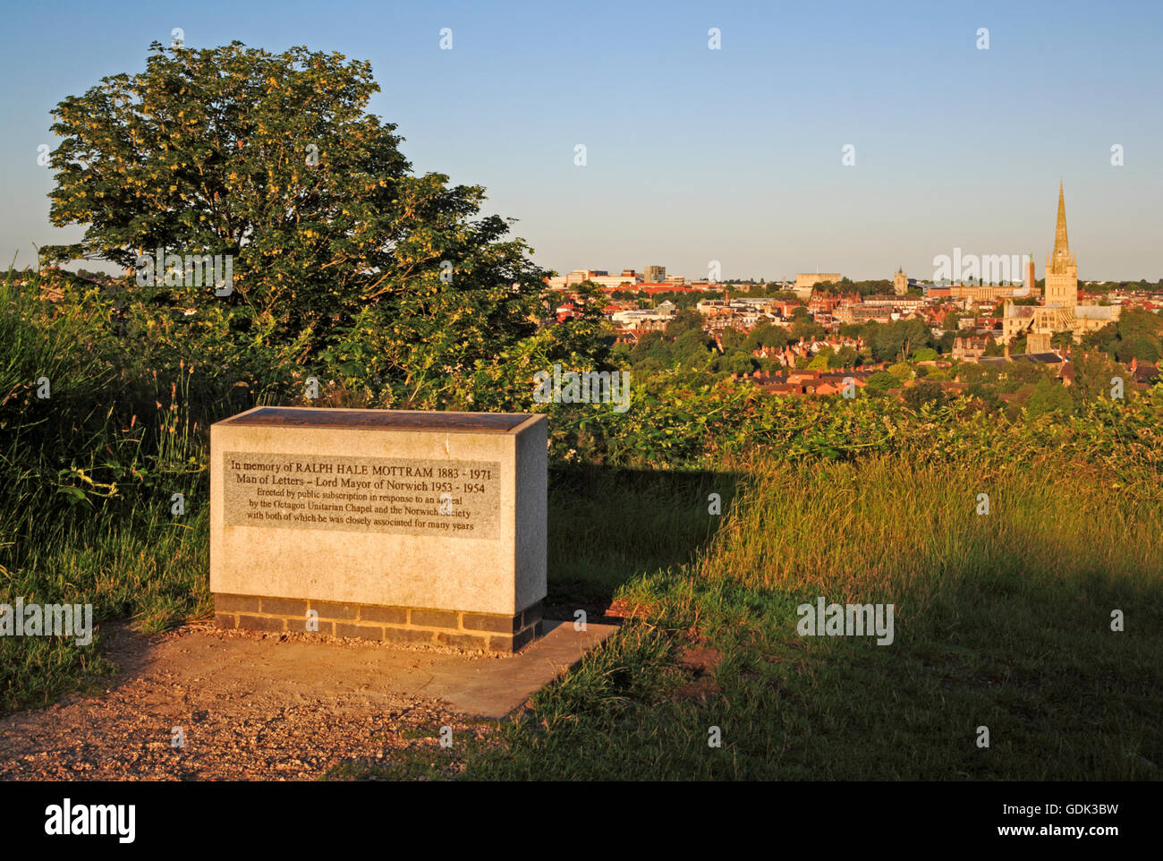 The memorial to Ralph Hale Mottram on St James' Hill overlooking Norwich, Norfolk, England, United Kingdom. Stock Photo
