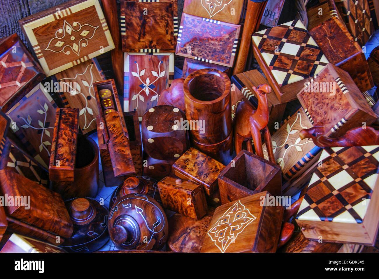 Handicraft, thuya wood, Essaouira, Morocco. Stock Photo