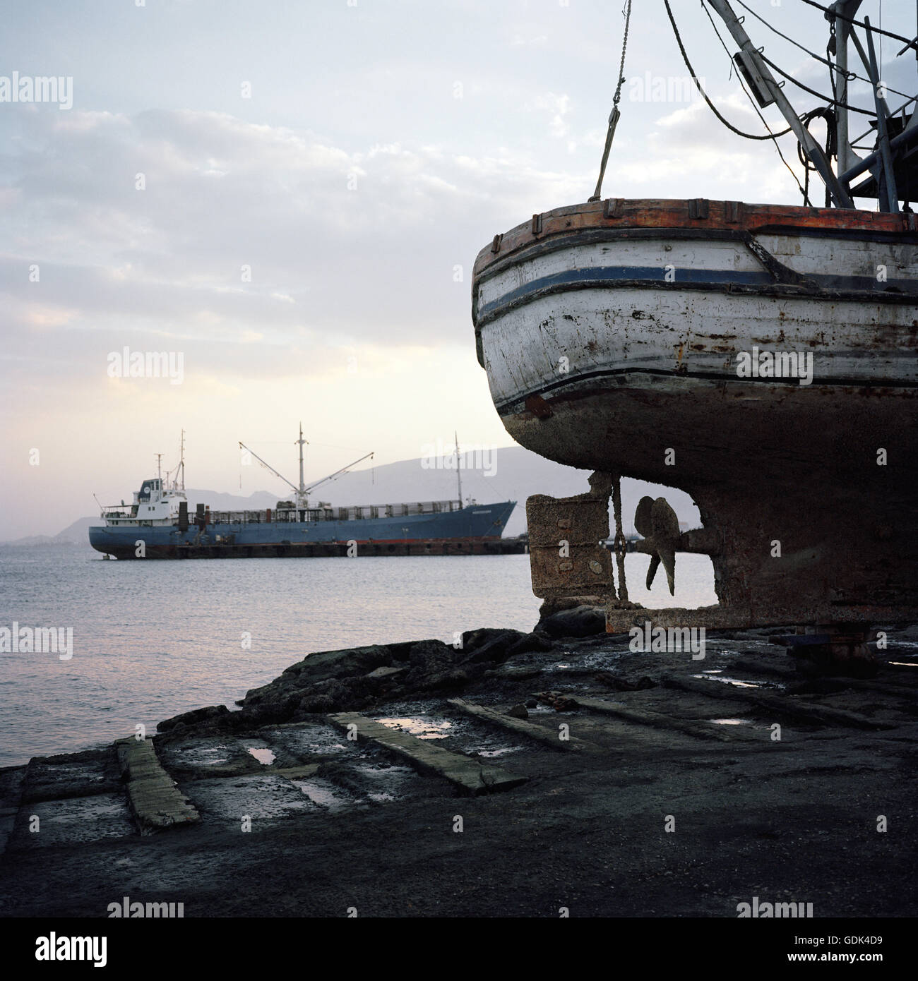 Ships of all sizes await repair in the dry docks and harbours south of the city of Suez. Stock Photo