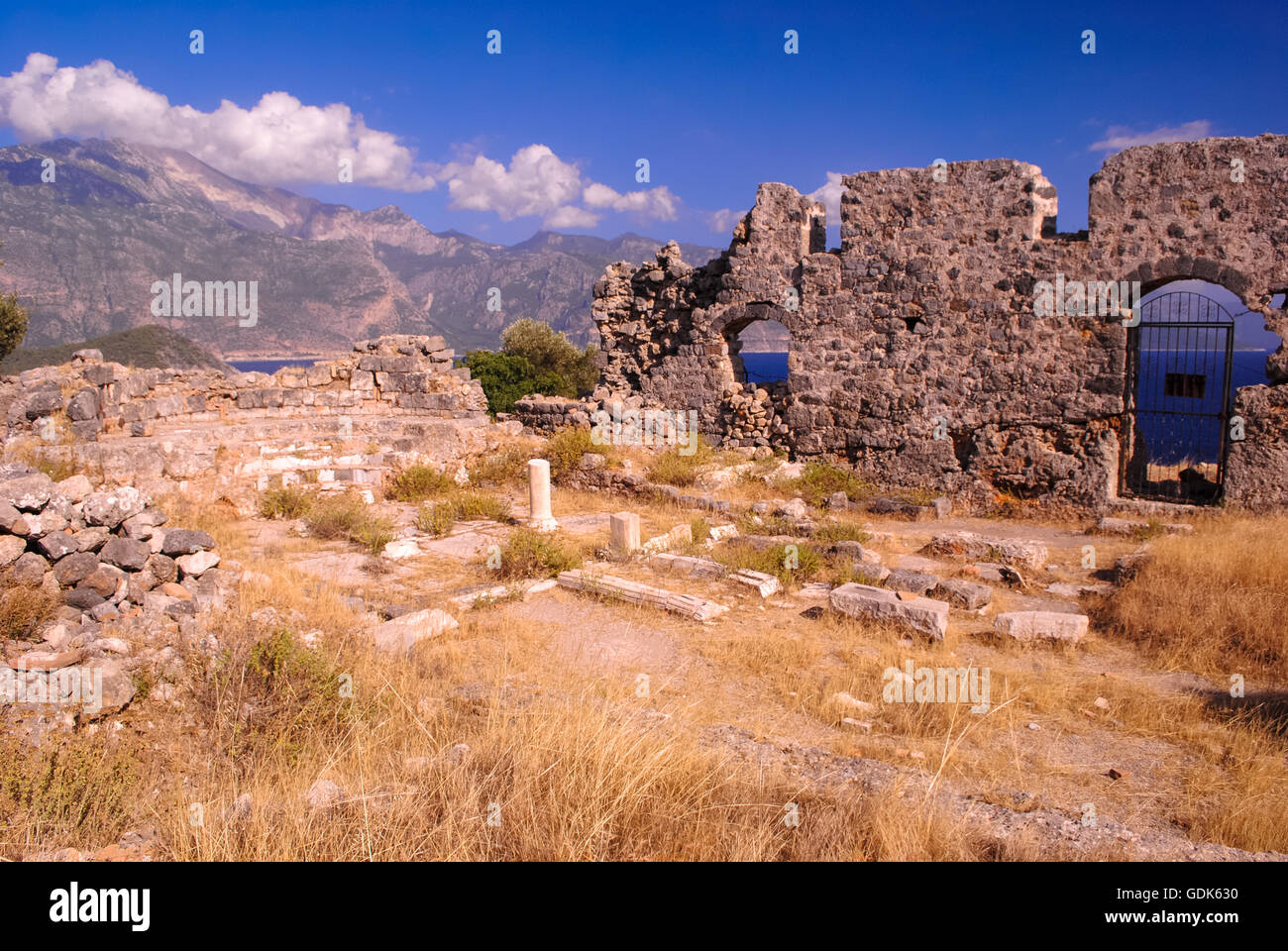 Ancient ruins on Gemiler Island, also known as St Nicholas Island, south of Gocek on the Aegean coast, Turkey. Stock Photo