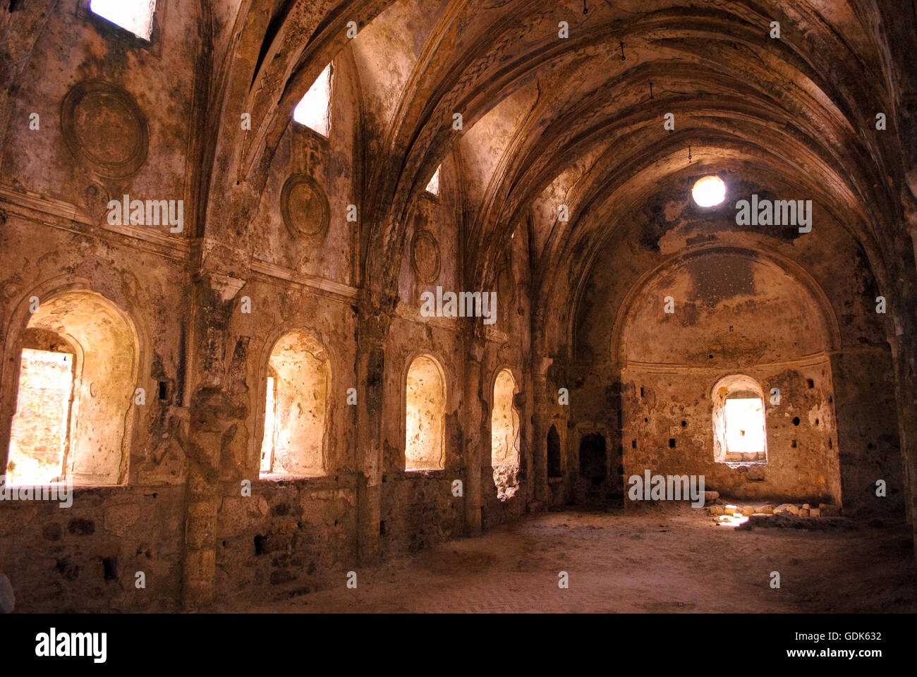 Ancient church in the abandoned village of Kayakoy, just south of Fethiye, Aegean coast, Turkey. Stock Photo